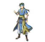  1boy absurdres bandages belt braid clenched_hands closed_mouth collarbone commentary_request fire_emblem fire_emblem:_the_blazing_blade fire_emblem_heroes full_body gold_trim green_eyes green_hair guy_(fire_emblem) hand_up headband highres indesign long_hair looking_at_viewer male_focus noots official_art pants pelvic_curtain short_sleeves simple_background single_braid smile solo standing sword weapon white_background 