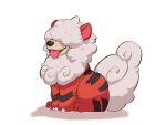  animal_focus covered_eyes fangs full_body happy highres hisuian_growlithe oimo_kenpi open_mouth pokemon pokemon_(creature) simple_background sitting solo tongue tongue_out white_background 
