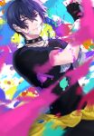  1boy bangs black_choker black_shirt choker closed_mouth clothes_around_waist highres jacket jacket_around_waist looking_at_viewer marius_von_hagen_(tears_of_themis) purple_eyes purple_hair shirt short_hair short_sleeves smile solo tears_of_themis white_background yellow_jacket yuua_1024 