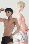  2boys arm_at_side back-to-back bangs belly black_hair blonde_hair blue_eyes boxers changye cowboy_shot dark-skinned_male dark_skin drawstring dungeon_meshi flexing hand_up highres kabru laios_thorden male_focus male_underwear multiple_boys navel pinching pose pout profile short_hair simple_background sweatdrop toned toned_male topless_male underwear 