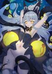  1girl absurdres air_bubble azur_lane blush breasts bubble covering covering_crotch eyebrows_visible_through_hair eyelashes glowing glowing_eyes highres long_hair navel no_panties observer_alpha_(azur_lane) shi_nasuzu siren_(azur_lane) small_breasts solo tentacles underwater very_long_hair yellow_eyes 