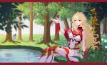  1girl absurdres alternate_hair_color asymmetrical_sleeves blonde_hair bug butterfly douluo_dalu dress forest grass hand_up highres lake long_hair nature red_eyes sitting skirt solo thighhighs tree upper_body wang_qiu_er_(douluo_dalu) water wuqing_tuzhong 