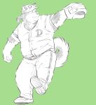 2022 absurd_res anthro ball baseball_(ball) baseball_(sport) baseball_cap baseball_glove baseball_uniform belly bottomwear canid canine canis clothing domestic_dog green_background hat headgear headwear hi_res humanoid_hands kamui_shirow kemono male mammal overweight overweight_male pants shirt simple_background solo sport sportswear topwear uniform 