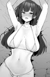  1girl absurdres areola_slip armpits arms_up bangs bikini blunt_bangs blush breasts collarbone commentary covered_nipples eyebrows_visible_through_hair groin highres hotate-chan idolmaster idolmaster_shiny_colors large_breasts long_hair looking_at_viewer lower_teeth lying mayuzumi_fuyuko monochrome navel on_back open_mouth raised_eyebrows solo string_bikini sweat swimsuit teeth tongue 