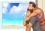  2boys armpits bara biceps blue_eyes brown_hair building closed_eyes cloud cloudy_sky day highres hug lifting lifting_person looking_to_the_side male_focus manly mature_male multiple_boys muscular muscular_male nakata_shunpei ocean original pants red_hair sand shirt short_hair sideburns sky sleeveless smile spiked_hair sun sunlight t-shirt teeth upper_body 