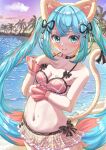  1girl animal_ears aqua_eyes aqua_hair breasts cat_ears cat_tail hatsune_miku highres long_hair looking_at_viewer midriff navel qussie small_breasts solo swimsuit tail twintails very_long_hair vocaloid 