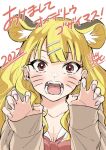  1girl 2022 animal_ear_fluff animal_ears blonde_hair blush breasts chinese_zodiac claw_pose cleavage collarbone ear_piercing earrings facial_mark fangs fingernails hair_ornament hairclip jewelry long_fingernails long_hair mitogawawataru open_mouth original piercing pink_eyes pink_nails sharp_fingernails sleeves_past_wrists solo teeth tiger_ears upper_body very_long_fingernails whisker_markings year_of_the_tiger 