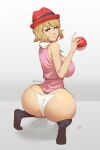  1girl artist_name ass bare_arms bare_shoulders black_legwear blue_eyes breasts brown_hair come_hither from_behind full_body grey_background holding holding_poke_ball huge_ass kneeling large_breasts looking_at_viewer looking_back no_shoes panties phat_smash poke_ball pokemon red_headwear serena_(pokemon) short_hair sleeveless smile solo thong underwear white_panties 