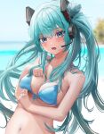  1girl aqua_hair bikini blue_eyes breasts hatsune_miku highres large_breasts navel open_mouth rerendi solo swimsuit twintails upper_body vocaloid 