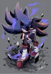  2boys artist_name aura black_fur blood blood_on_clothes breaking dark_sonic floating floating_hair floating_object gareki_sh gauntlets gloves injury lifting lifting_person looking_at_viewer male_focus multicolored_fur multiple_boys purple_fur red_fur shadow_the_hedgehog shoes signature sonic_(series) sonic_the_hedgehog spiked_hair 