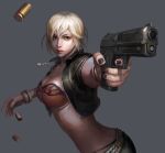 1girl artist_request bangle belt black_jacket black_nails black_panties blonde_hair blue_eyes bra bracelet breasts cleavage closed_mouth contrapposto counter-strike counter-strike_online fingernails grey_background gun h&amp;k_usp handgun holding holding_weapon jacket jennifer_(counter-strike_online) jewelry lips medium_breasts midriff necklace official_art open_clothes open_jacket panties pencil_skirt red_bra serious short_hair simple_background skirt solo stomach underwear weapon wristband 