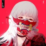  1girl bangs blood blood_on_face choker highres knife long_hair looking_at_viewer mask original park_junkyu portrait red_background red_eyes solo white_hair 