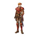  1boy absurdres arm_guards armor bangs boots brown_eyes brown_footwear brown_hair brown_pants clenched_hands commentary_request fingerless_gloves fire_emblem fire_emblem:_the_blazing_blade fire_emblem_heroes full_body gloves gold_trim highres kent_(fire_emblem) knee_boots long_sleeves looking_at_viewer male_focus official_art pants red_armor shiny shiny_hair short_hair shoulder_armor simple_background standing sword takaya_tomohide turtleneck weapon white_background 
