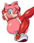  absurd_res accessory amy_rose anthro armwear blush bra breasts butt clothing eulipotyphlan female footwear green_eyes hair hair_accessory hairband hands_behind_back handwear hedgehog hi_res ichig8miruku_(artist) legwear looking_at_viewer lying mammal nipple_outline on_back one_eye_closed pink_body pink_hair sega shoes simple_background solo sonic_the_hedgehog_(series) thick_thighs thigh_highs tongue tongue_out underwear white_background wink 