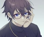  1boy black_hair black_sweater blanc1771 earrings finger_to_mouth grey_background indie_virtual_youtuber jewelry long_sleeves looking_at_viewer male_focus necklace parted_lips purple_eyes red-framed_eyewear short_hair shoto_(vtuber) smile sweater virtual_youtuber 