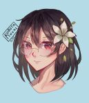  1girl artist_name bangs black_hair blue_background commentary dated english_commentary eyebrows_visible_through_hair flower glasses hair_between_eyes hair_flower hair_ornament kobutanori lilypichu looking_at_viewer offlinetv portrait red_eyes round_eyewear simple_background solo white_flower 