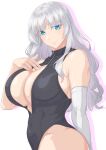  black_swimsuit blue_eyes breasts cleavage cowboy_shot elbow_gloves front_zipper_swimsuit gloves grey_hair highres huge_breasts indie_virtual_youtuber meme_attire one-piece_swimsuit ozaneko partially_unzipped shiny shiny_hair shiny_skin single_glove smile swimsuit virtual_youtuber watai_kasumi white_gloves 