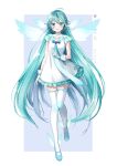  1girl absurdres ahoge angel angel_wings aqua_eyes aqua_hair blue_footwear dress full_body hatsune_miku highres long_hair looking_at_viewer nagitofuu pantyhose shoes solo standing thighhighs very_long_hair vocaloid white_dress white_legwear wings 