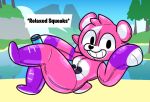  &lt;3 animate_inanimate anthro beach beverage beverage_can cuddle_team_leader english_text epic_games female foamytail fortnite gloves_(marking) hair inflatable leg_markings living_inflatable looking_at_viewer lying mammal markings nozzle on_side pink_body pool_toy purple_body seaside short_hair smile socks_(marking) soda solo stripes text ursid video_games white_body 