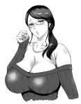  1girl bangs blush breasts cleavage collarbone comiket_90 earrings greyscale jewelry large_breasts mature_female monochrome musashino_sekai ponytail ribbed_sweater simple_background sweater upper_body white_background 