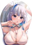  1girl absurdres amane_kanata bangs blue_hair breasts cleavage colored_inner_hair eyebrows_visible_through_hair highres hololive large_breasts looking_at_viewer mousepad_(medium) multicolored_hair pink_hair purple_eyes short_hair solo streaked_hair uechin_ewokaku virtual_youtuber 