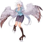  1girl ahoge artist_request bird_legs blue_shirt breasts cleavage earrings feathered_wings feathers harpy haru_(monster_musume) jewelry large_breasts long_hair monster_girl monster_musume_no_iru_nichijou monster_musume_no_iru_nichijou_online necklace official_art pants pointy_ears shirt solo talons torn_clothes torn_pants transparent_background very_long_hair white_hair white_wings winged_arms wings yellow_eyes 