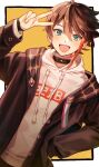  1boy blue_eyes brown_hair brown_jacket choker drawstring dutch_angle hand_on_hip hand_up highres hood hood_down hoodie jacket looking_at_viewer male_focus nijisanji open_clothes open_jacket open_mouth outside_border pi_pa saegusa_akina smile solo upper_body v virtual_youtuber white_hoodie 