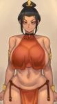  1girl absurdres armlet avatar:_the_last_airbender avatar_(series) azula bare_shoulders black_hair bracelet breasts choker commentary crop_top crop_top_overhang curvy hair_bun highres jewelry kelvin_hiu large_breasts looking_at_viewer midriff pelvic_curtain short_hair smile solo standing stomach topknot tsurime 