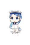  1girl bangs blue_eyes blue_hair blue_sailor_collar chibi commentary_request cosplay dress full_body gradient_hair hat hiburi_(kancolle) hiburi_(kancolle)_(cosplay) kantai_collection long_hair mae_(maesanpicture) multicolored_hair sailor_collar sailor_dress sailor_hat samidare_(kancolle) short_sleeves simple_background solo standing swept_bangs very_long_hair white_background white_dress white_headwear 