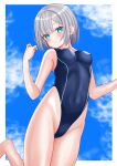  1girl absurdres aqua_eyes blue_sky blue_swimsuit bob_cut breasts cloud commentary_request competition_swimsuit grey_hair haruo860 highleg highleg_swimsuit highres kaga_sumire lupinus_virtual_games medium_breasts navel one-piece_swimsuit short_hair sky solo swimsuit translation_request virtual_youtuber vspo! 