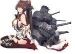  1girl black_legwear boots breasts brown_hair full_body gradient gradient_legwear headgear kantai_collection large_breasts long_hair looking_at_viewer looking_to_the_side machinery official_art ponytail red_legwear shizuma_yoshinori sitting solo thigh_boots thighhighs torn_clothes transparent_background turret wariza yamato_(kancolle) yamato_kai_ni_(kancolle) 