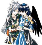  2girls ahoge arm_ribbon arm_up armor back_bow bangs belt black_shirt black_skirt blue_dress blue_hair blue_headwear bow breasts collarbone crystal dress eyebrows_visible_through_hair eyes_visible_through_hair gem grey_eyes grey_hair hair_between_eyes hand_on_another&#039;s_shoulder hand_up hands_up hat himemushi_momoyo iizunamaru_megumu jewelry long_hair looking_at_another looking_down looking_to_the_side medium_breasts meimaru_inuchiyo multiple_girls open_mouth orange_bow orange_ribbon pointing pointy_ears puffy_short_sleeves puffy_sleeves rainbow red_eyes ribbon shirt short_sleeves simple_background skirt smile standing t-shirt tokin_hat touhou white_background white_belt wings 