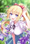  1girl absurdres arms_up bangs blonde_hair blue_eyes blurry blurry_background blush bow bowtie breasts buttons day eyebrows_visible_through_hair hair_bow hand_up high_ponytail highres lips long_hair looking_at_viewer medium_breasts morikura_en open_mouth original outdoors ponytail puffy_short_sleeves puffy_sleeves red_bow scan shiny shiny_hair short_sleeves simple_background skirt smile solo teeth 