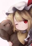  1girl ;/ bangs blonde_hair eyebrows_visible_through_hair flandre_scarlet hat heart highres looking_at_viewer mizuhichi mob_cap nail_polish one_eye_closed puffy_sleeves red_eyes red_nails simple_background solo stuffed_animal stuffed_toy teddy_bear touhou upper_body white_background white_headwear wings 