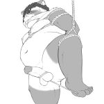  2022 anthro balls bdsm belly bodily_fluids bondage bound canid canine erection genitals jackboot_ihi male mammal navel nipples overweight overweight_male penis raccoon_dog restraints rope rope_bondage rope_harness sad solo sweat tanuki young 
