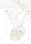  1girl angel_wings asu_no_yozora_shoukaihan_(vocaloid) bangs blonde_hair bow closed_eyes dress falling_feathers feathered_wings feathers m.b medium_hair parted_lips profile short_sleeves simple_background solo song_name upside-down white_background white_bow white_dress white_wings wind wind_lift wings 
