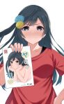  1girl bangs black_eyes black_hair blush book breasts check_commentary collarbone commentary_request cover cover_page doujin_cover embarrassed eyebrows_visible_through_hair flower frown hair_flower hair_ornament highres holding holding_book long_hair looking_at_viewer love_live! love_live!_nijigasaki_high_school_idol_club manga_(object) medium_breasts one_side_up red_shirt reminiscence202 shirt sidelocks solo upper_body white_background yuuki_setsuna_(love_live!) 