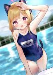  1girl absurdres alternate_costume bare_arms bare_legs blonde_hair blue_archive blue_swimsuit blurry blurry_background blush bow cat_ear_headphones cat_tail depth_of_field eyebrows_visible_through_hair fake_tail hair_bow halo hand_up headphones highres looking_at_viewer momoi_(blue_archive) name_tag old_school_swimsuit one-piece_swimsuit open_mouth outdoors pink_eyes pool red_bow school_swimsuit solo swimsuit tail tsukumo_(pixiv32592569) water wet 