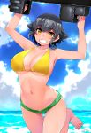  1girl arms_up bangs barefoot bikini bikini_top_only braid breasts cloud dated day eyebrows_visible_through_hair girls_und_panzer green_shorts grin happa_(cloverppd) large_breasts looking_at_viewer micro_shorts orange_eyes outdoors pepperoni_(girls_und_panzer) short_hair short_shorts shorts side_braid signature sky smile solo swimsuit yellow_bikini 