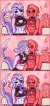  absurd_res acta_(spacewaifu) alien alien_humanoid anthro athletic athletic_female breast_squish breasts cephalopod coleoid decapodiform duo female female/female fish freckles french_kissing hi_res humanoid invalid_tag kiss_mark kissing lunaris(solarpancake) marine mollusk monster_girl_(genre) shark shark_tail sitting spacewaifu squish tongue tongue_out 