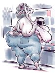  2022 anthro beverage big_breasts bodily_fluids bottomwear bovid breasts butt butt_focus caprine clothing coffee colored denim denim_clothing eyewear female glasses hi_res jeans looking_back mammal mature_female maude_(bts) mk_artichoke obese obese_anthro obese_female old overweight overweight_anthro overweight_female pants partially_clothed_female rear_view sagging_breasts sheep short_tail solo standing sweat thick_thighs wide_hips 