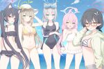  5girls :d absurdres ahoge animal_ear_fluff animal_ears ass ayane_(blue_archive) bangs bare_arms bare_shoulders bikini bikini_top_only black_bikini black_hair black_swimsuit blue_archive blue_bikini blue_eyes blue_sky blush braid breasts brown_hair casual_one-piece_swimsuit cat_ears cat_tail cleavage closed_mouth cloud collarbone covered_navel day eyebrows_visible_through_hair eyewear_on_head fang frilled_bikini frills front-tie_bikini front-tie_top goggles green_eyes grey_hair groin hair_between_eyes hair_ornament hair_ribbon halo halterneck hat heart heterochromia highres hood hood_down hoshino_(blue_archive) jacket jyt light_brown_hair long_hair looking_at_viewer low_twintails medium_breasts multiple_girls navel nonomi_(blue_archive) one-piece_swimsuit open_clothes open_jacket open_mouth outdoors parted_lips ponytail red_eyes ribbon school_swimsuit serika_(blue_archive) shiroko_(blue_archive) sky small_breasts smile standing striped striped_bikini sunglasses swimsuit tail twintails very_long_hair white_bikini yellow_bikini yellow_eyes yellow_jacket 
