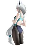  1girl absurdres back bangs black_legwear blue_eyes braid breasts competition_swimsuit grey_hair highres long_hair looking_away mark_jin one-piece_swimsuit original pantyhose pantyhose_under_swimsuit simple_background solo standing swimsuit white_background 