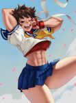  1girl abs absurdres bandana biceps brown_eyes brown_hair cherry_blossoms cloud gloves hand_on_own_face highres kasugano_sakura mootium muscular muscular_female one_eye_closed open_mouth school_uniform short_hair skirt sky sports_bra sportswear street_fighter street_fighter_6 street_fighter_v 