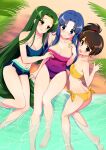  3girls absurdres asakura_ryouko bandeau bangs barefoot bikini blue_bikini blue_eyes blue_hair blush breast_grab breasts brown_eyes cleavage collarbone commentary_request fang feet forehead grabbing green_hair highres hotaru_iori ichimi_renge kyon_no_imouto large_breasts long_hair looking_at_another looking_at_viewer multiple_girls navel parted_bangs side_ponytail small_breasts soaking_feet strapless suzumiya_haruhi_no_yuuutsu swimsuit tsuruya tube_top very_long_hair water yellow_bikini yuri 