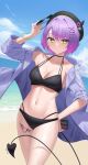  1girl absurdres bangs blush breasts demon_tail green_eyes hair_ornament hairclip highres hololive jmao looking_at_viewer multicolored_hair navel piercing purple_hair solo swimsuit tail tokoyami_towa virtual_youtuber wet 