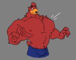  absurd_res anthro avian beak big_pecs bird bottomwear broad_shoulders clothed clothing grey_background hi_res male muscular muscular_male navel pants partially_clothed pecs red_body riko_(virdemis) simple_background solo topless virdemis 