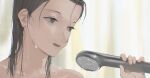  1girl blurry blurry_background brown_eyes brown_hair chromatic_aberration collarbone commentary_request highres long_hair mk_taso nude original parted_lips shower_head solo upper_body water_drop wet wet_hair 