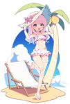  1girl :d bangs bare_legs beach beach_chair bikini bikini_skirt blush bow frilled_bikini frills full_body green_eyes hat hat_bow heterochromia highres himemori_luna hololive leg_garter long_hair navel nyasunyadoora palm_tree pink_bow pink_hair purple_eyes sandals scrunchie signature smile solo standing standing_on_one_leg stomach straw_hat sun_hat swimsuit tree virtual_youtuber white_bikini wrist_scrunchie 