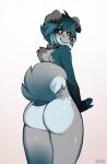  anthro biped blue_body blue_eyes blue_fur blue_hair blush butt canid canine canis collar collar_only curled_tail digital_media_(artwork) domestic_dog ear_piercing folded_ears fur grey_body grey_fur hair hi_res looking_at_viewer looking_back looking_back_at_viewer male mammal nude piercing portrait rear_view rileymutt shaded simple_background solo three-quarter_portrait vtza white_background 